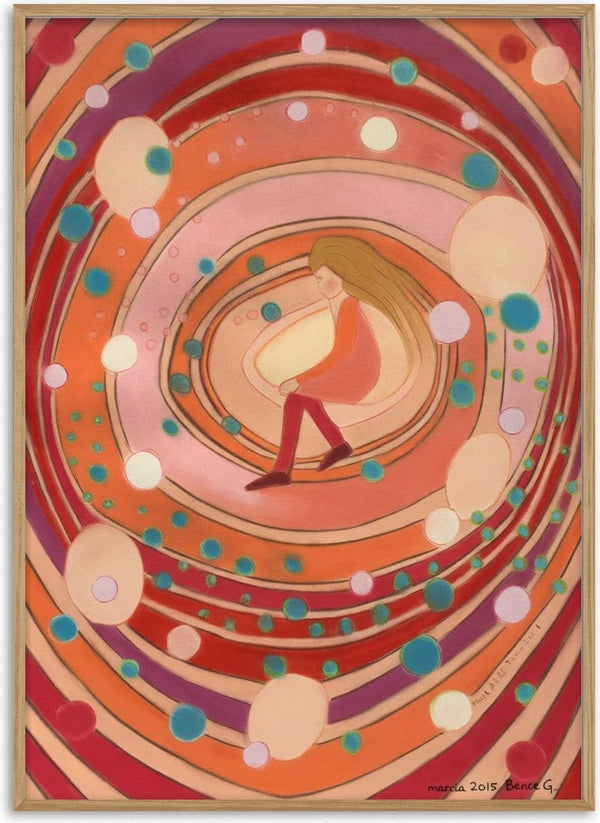 Girl in the Portal by Gerard Ceulemans - pastel drawing of a girl sitting inside a spiral of coral, red and pink rings with teal circles