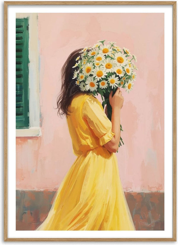Girl in yellow dress with flowers by Ohkimiko - a woman in yellow holding white daisies