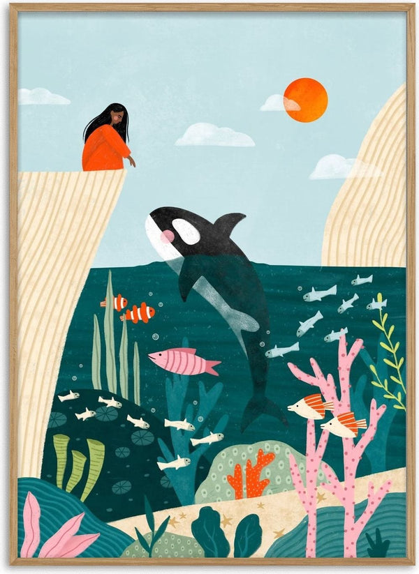 Girl Watches Ocean Life by Bea Müller – a girl on a cliff watching an orca leap above a colourful coral reef