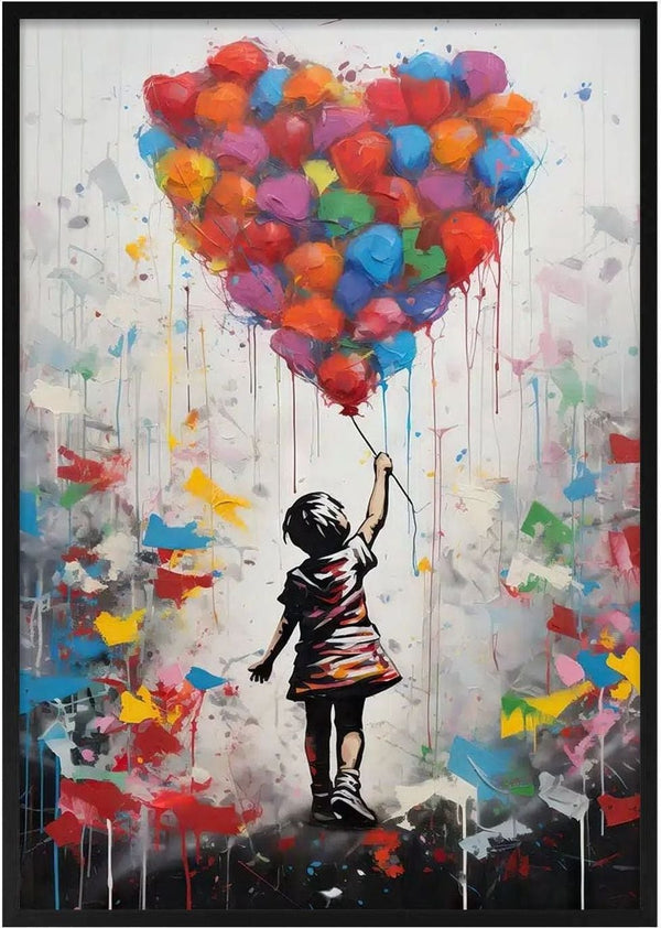 A girl reaches for a large heart-shaped cluster of colorful balloons, Banksy-inspired street art style.