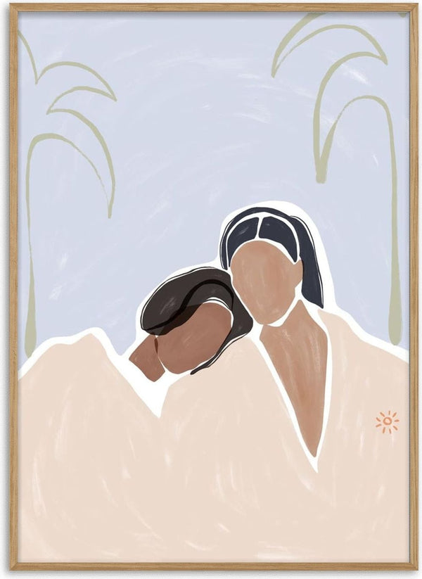 Abstract art of two women embracing with palm trees in the background, featured on Girlfriends - Ivy Green product page.