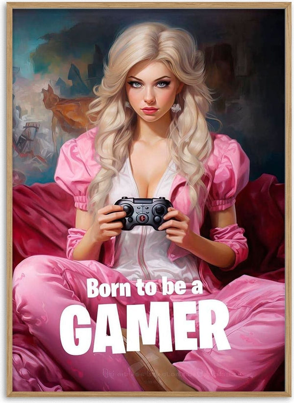 A girl in pink holds a game controller with "Born to be a GAMER" text, promoting Girls Are Gamers Too II.