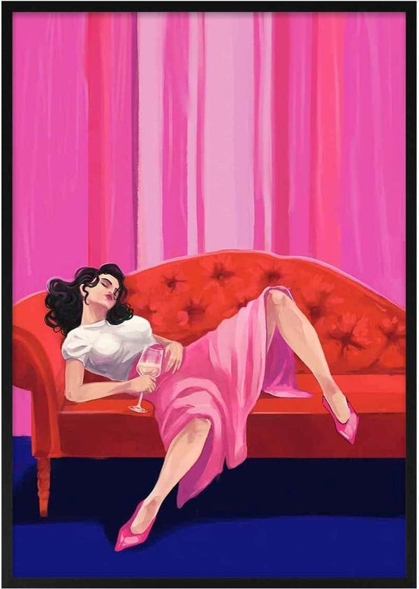 Illustration of a woman in pink lounging on a red sofa with a wine glass, for Girls Night Out - Kate Aitana.