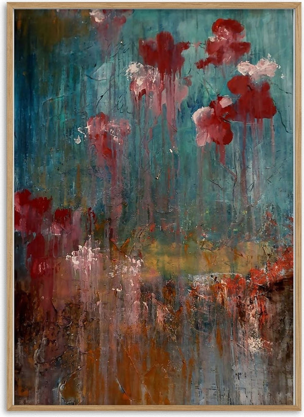 go with the flow(er) by hazelart - red and pink blossoms drifting over a deep teal ground with ochre below