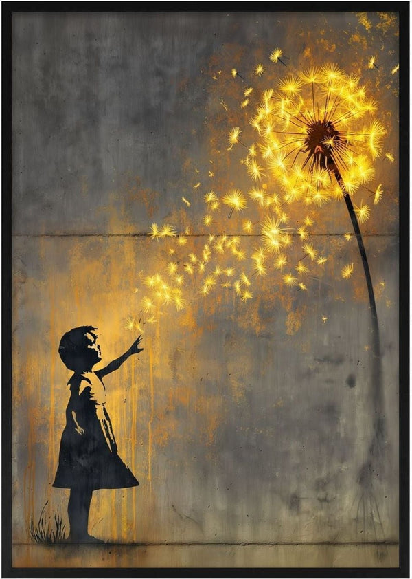 Golden Dandeloin x Banksy by Decker Studios - stencilled girl reaching for a glowing gold dandelion