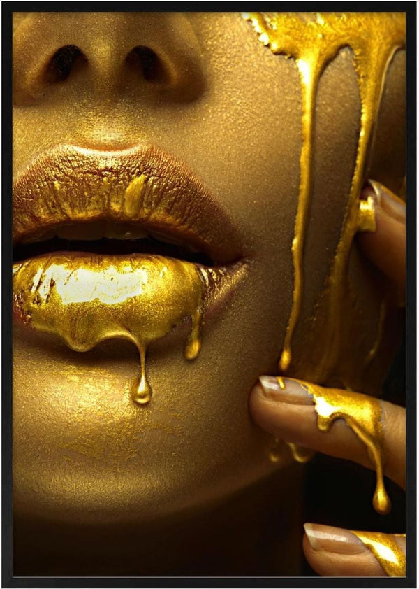 Close-up of golden lips and chin with gold liquid drips; modern fashion art poster design.