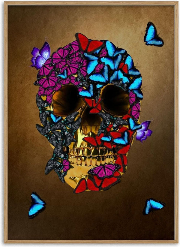 Golden skull with vibrant blue and purple butterflies on a brown background poster.