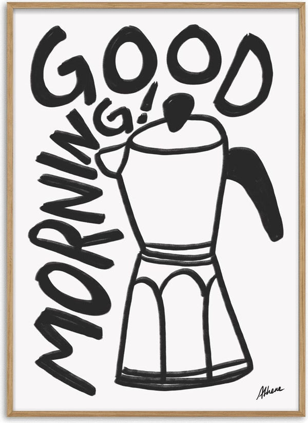 A black and white drawing of a coffee maker with the words "Good Morning!" around it.
