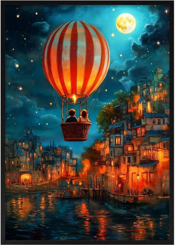 Two people in a hot air balloon float over a glowing riverside town under a starry night sky and full moon.