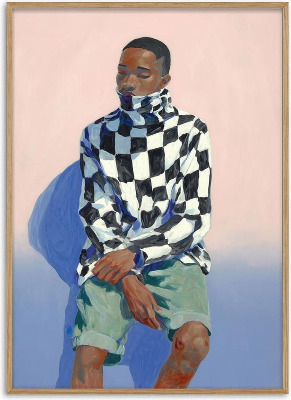 A man in a checkered turtleneck and shorts sits calmly against a pastel background for Grounded - Martin Zen.