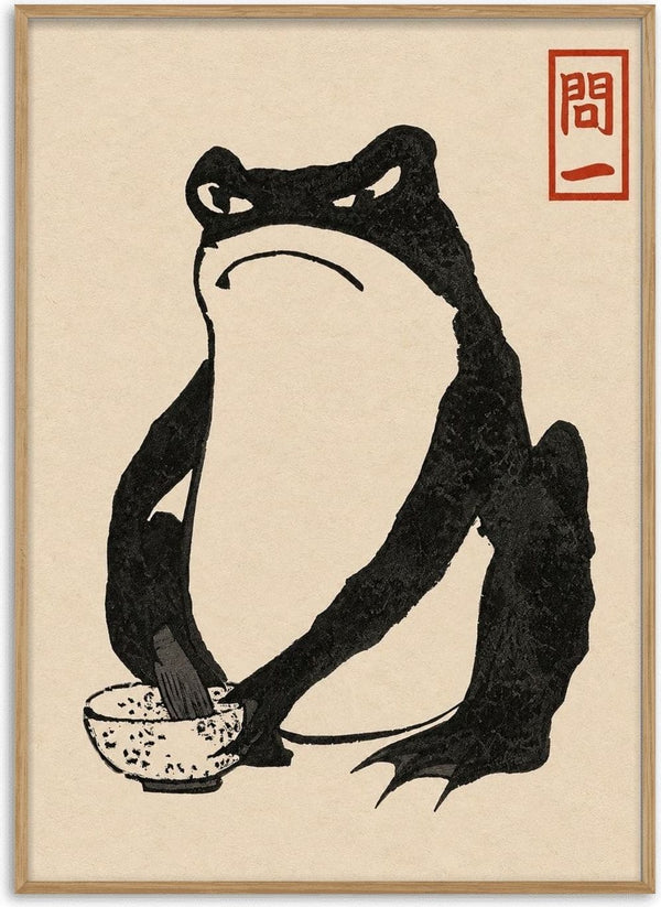 Grumpy Toad I Black by Matsumoto Hoji – black ink toad whisking matcha on beige paper
