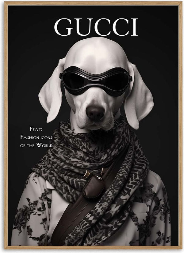 A stylish dog wearing sunglasses, a scarf, and jacket, modeled as a Gucci Fashion Dog on a product page.