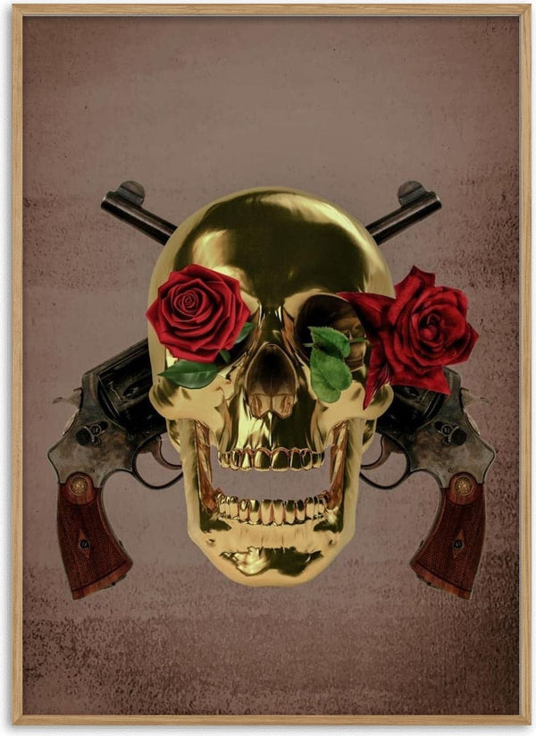 Guns n Roses poster featuring a gold skull with roses for eyes and two crossed pistols in the background.