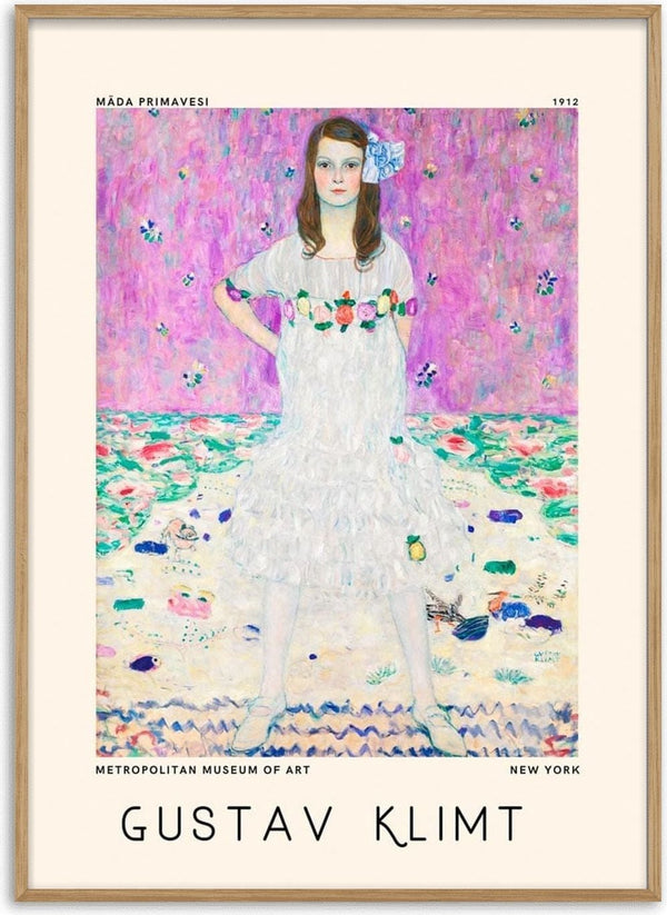 Poster of Gustav Klimt’s "Mäda Primavesi" featuring a girl in a white dress against a colorful, floral background.