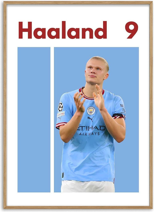 Haaland in Manchester City kit clapping, with "Haaland 9" text above on a football poster.