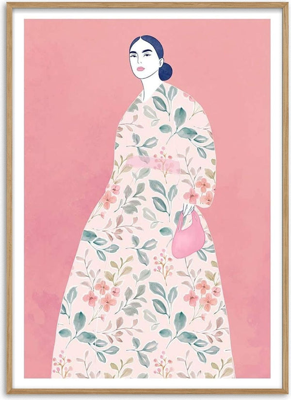 Art print of a woman in a floral dress holding a pink purse, from "He Loves You" by Elara Monet.