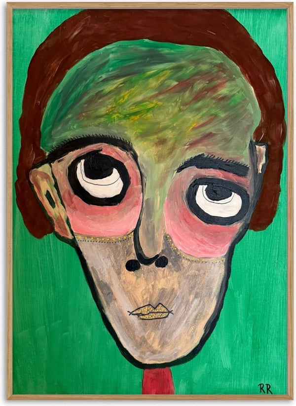 Hjärnspöken by RR - a large-eyed head in green and auburn with pink patches under the eyes