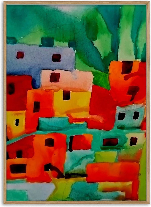 Houses of Favela by Nittaart - flat-roofed houses stacked up a green hillside in orange, red and teal