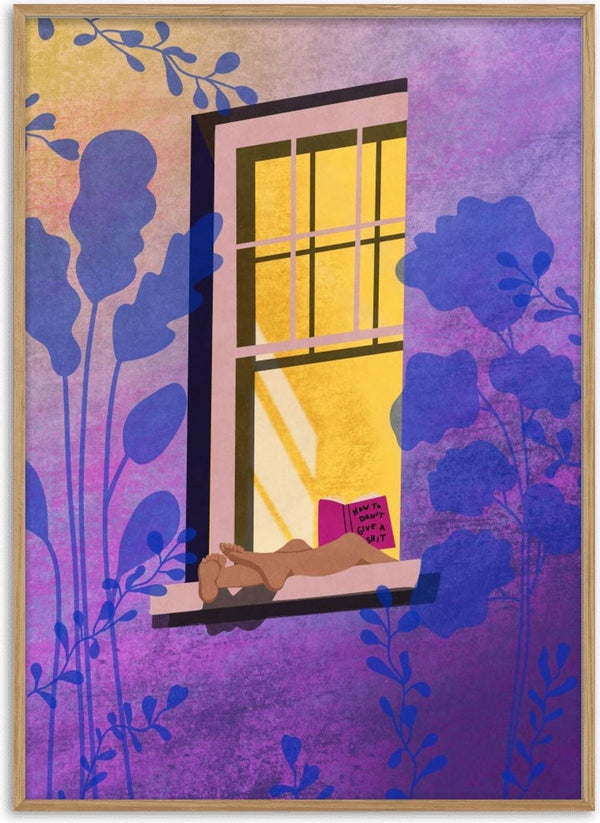 A person relaxing by a window reading "How to don't give a shit" by Raissa Oltmanns, with colorful shadows.