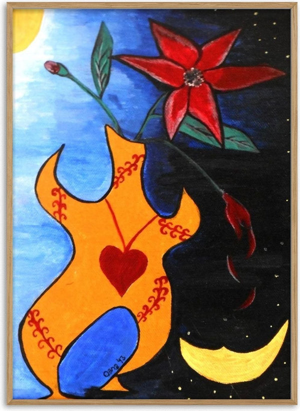 Human Vase by A Sleepy Spirit Art - an orange body-shaped vase with a red flower between day and night