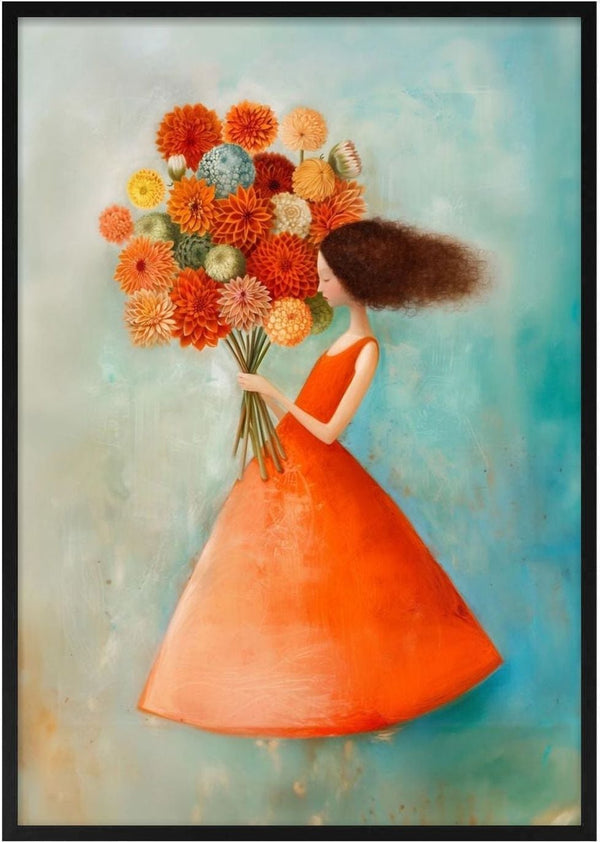 Illustration of a woman in an orange dress holding a large bouquet of colorful flowers, on "I can buy myself flowers."
