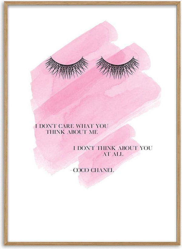 Minimalist "I Don't Care" poster with lashes, pink watercolor background, and Coco Chanel quote.