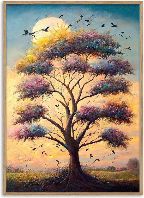 Colorful tree with birds flying at sunrise, inspired cover art for I Think I'm All Alone by David Wolf.