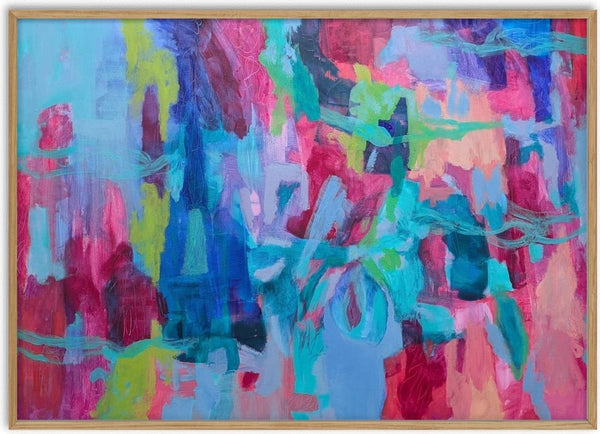 In The Flow by Janet Bell - an abstract painting of magenta, pink and turquoise strokes with looping teal lines