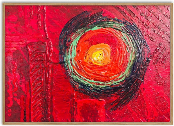 Intense passion by Jenyliza Kleemeyer - orange and yellow spiral in a thick textured red surface