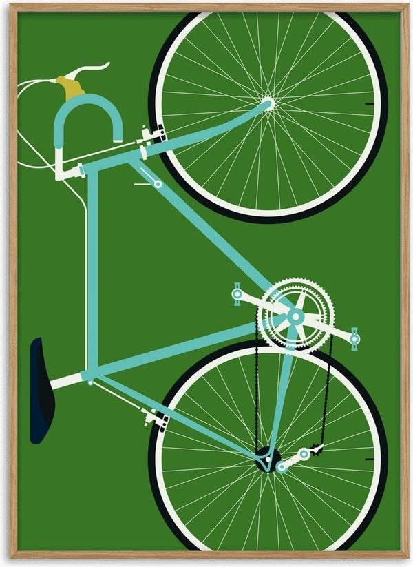 Italian Racing Bike by Bo Lundberg - a turquoise racing bicycle on a deep green ground