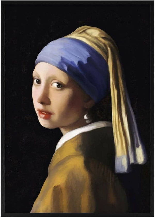 Poster of Johannes Vermeer's "Girl With the Pearl Earring" featuring a girl in a blue headscarf and pearl earring.