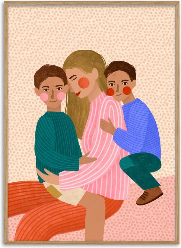 Joyful Family Hug by Bea Müller – mother embracing her two young sons on a dotted cream background