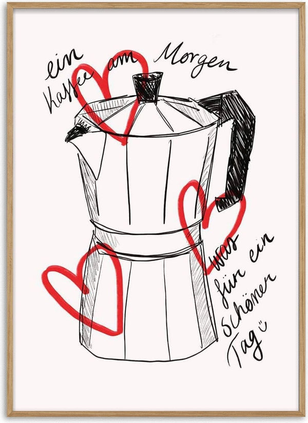 Illustration of a moka pot with red hearts and handwritten text promoting Kaffee am Morgen.