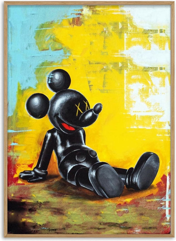 Kawsey Relax Colour by Daniel Leo — acrylic pop art painting of a reclining black cartoon figure on a yellow and turquoise ground