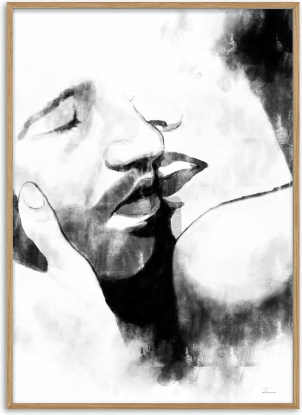 Black and white artwork of two faces close together, about to kiss. Featured on the Kiss Close Plakat product page.