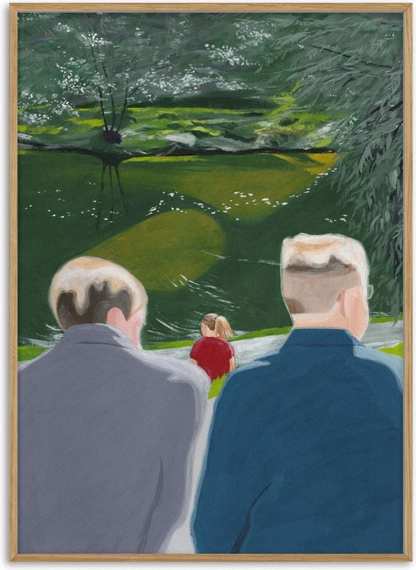 Koselig by Jaron Su - two men and a child at a green pond
