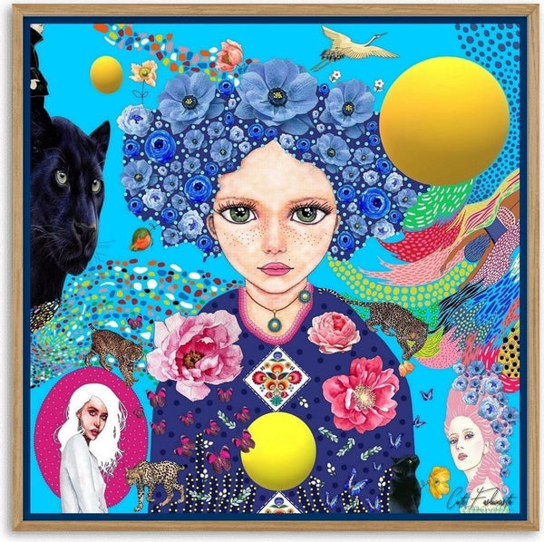 La belle Jeannette by Lucrezia Solena - freckled woman crowned with blue flowers beside a black panther on sky blue