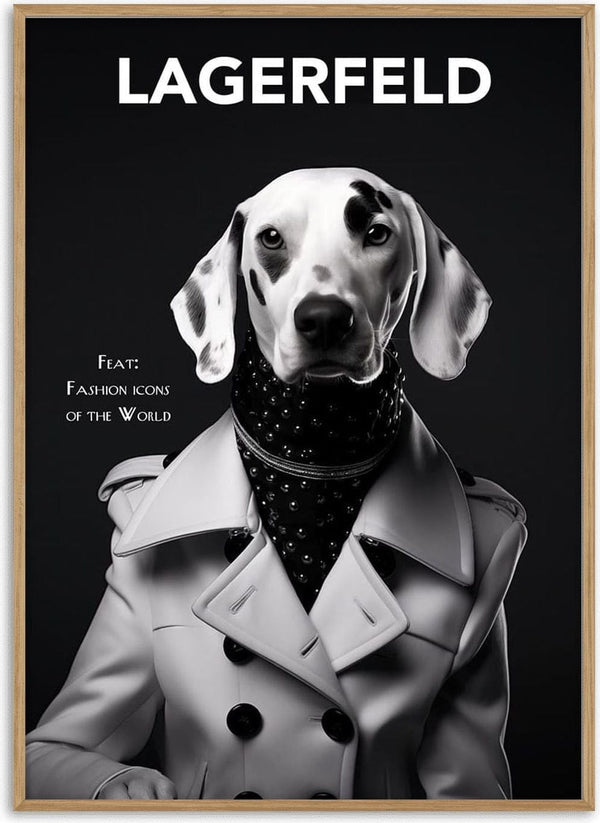 A Dalmatian in a white trench coat and scarf poses stylishly under the title "Lagerfeld Dog" on a black background.