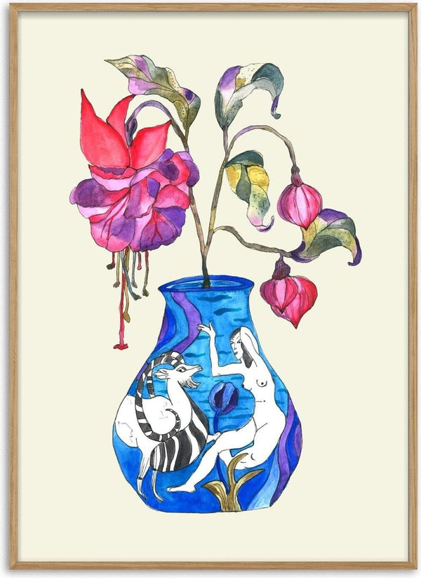Laides Fuchsia by Marjorie Salvagni - magenta fuchsias in a cobalt blue vase painted with a female figure