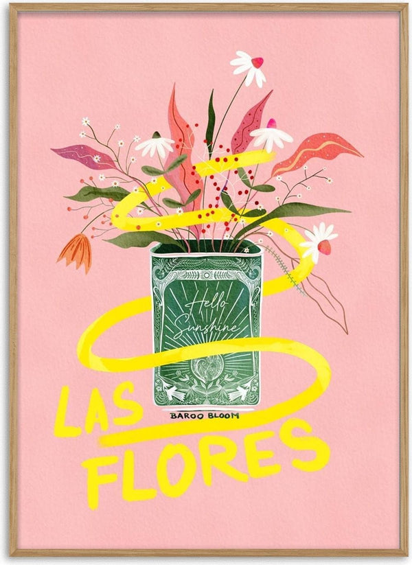 Las Flores Baroo Bloom packaging with illustrated flowers, a playing card, and bold yellow text on a pink background.