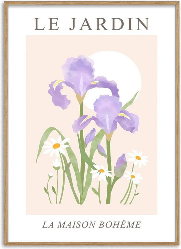 Watercolor illustration of purple irises and white daisies with sun, for Le Jardin no. 2 by La Maison Bohème.