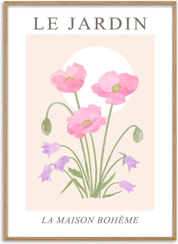 Poster featuring pink poppies and purple flowers with "Le Jardin" text above and "La Maison Bohème" below.