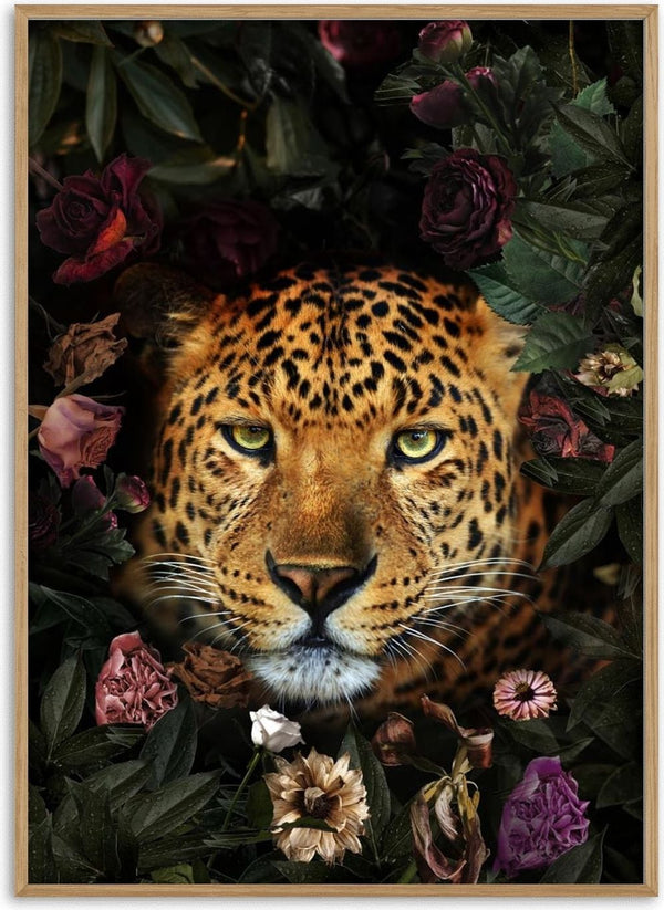 Leopard surrounded by colorful flowers, featured on the Leopard med blomster poster.