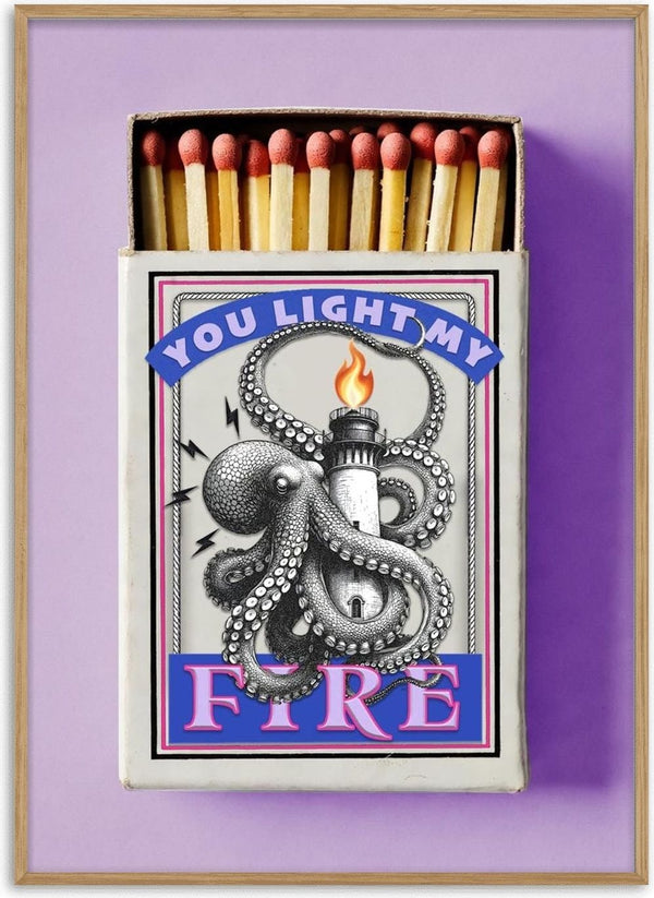 Light My Fire by Daniel Leo — vintage matchbox poster with an engraved octopus wrapped around a flaming lighthouse