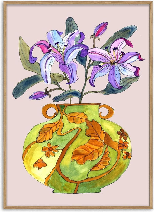 Lily by Marjorie Salvagni - lilac lilies above a green vase with copper leaves