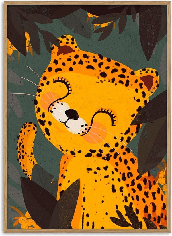Smiling cartoon leopard named Little Leo surrounded by green leaves and yellow flowers.