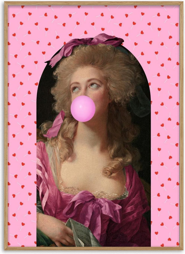 Classical woman in a pink dress blows bubblegum against a pink, heart-patterned background for Lollipop Girl.