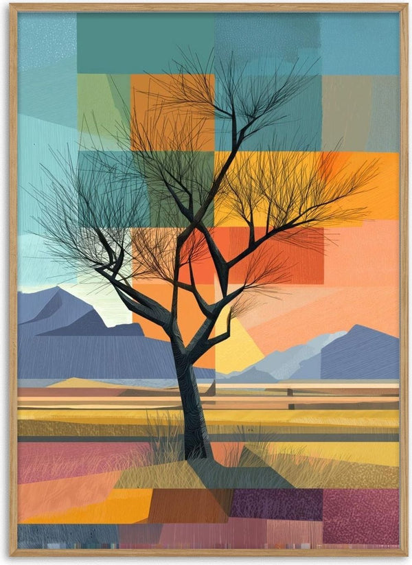 Abstract art of a lone tree in a colorful landscape, featured on the Lonely Life - Tara Green product page.