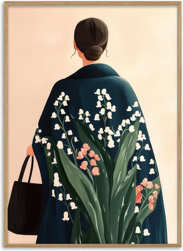 Illustration of a woman with a dark shawl featuring floral patterns, holding a black bag, from Take Me Home - Elara Monet.
