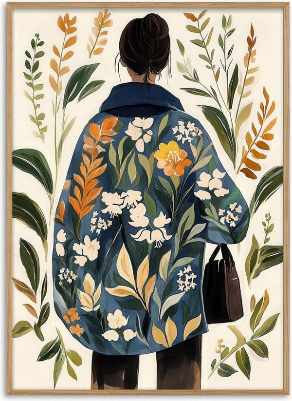 Illustration of a woman in a floral coat, holding a bag, surrounded by leaves; cover art for Look Inside My Soul.